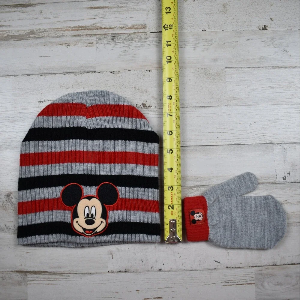 Disney Mickey Mouse Beanie & Mittens Set Boys 2T-5T Gray Red Striped Cozy Winter